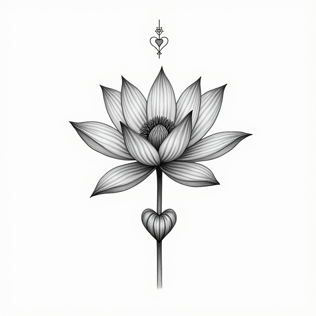 Water lilyin Modest style tattoo, featuring soft, delicate line work with simple and meaningful symbols, gentle waves, a heart, evoking a sense of serenity and grace, - Variation 2