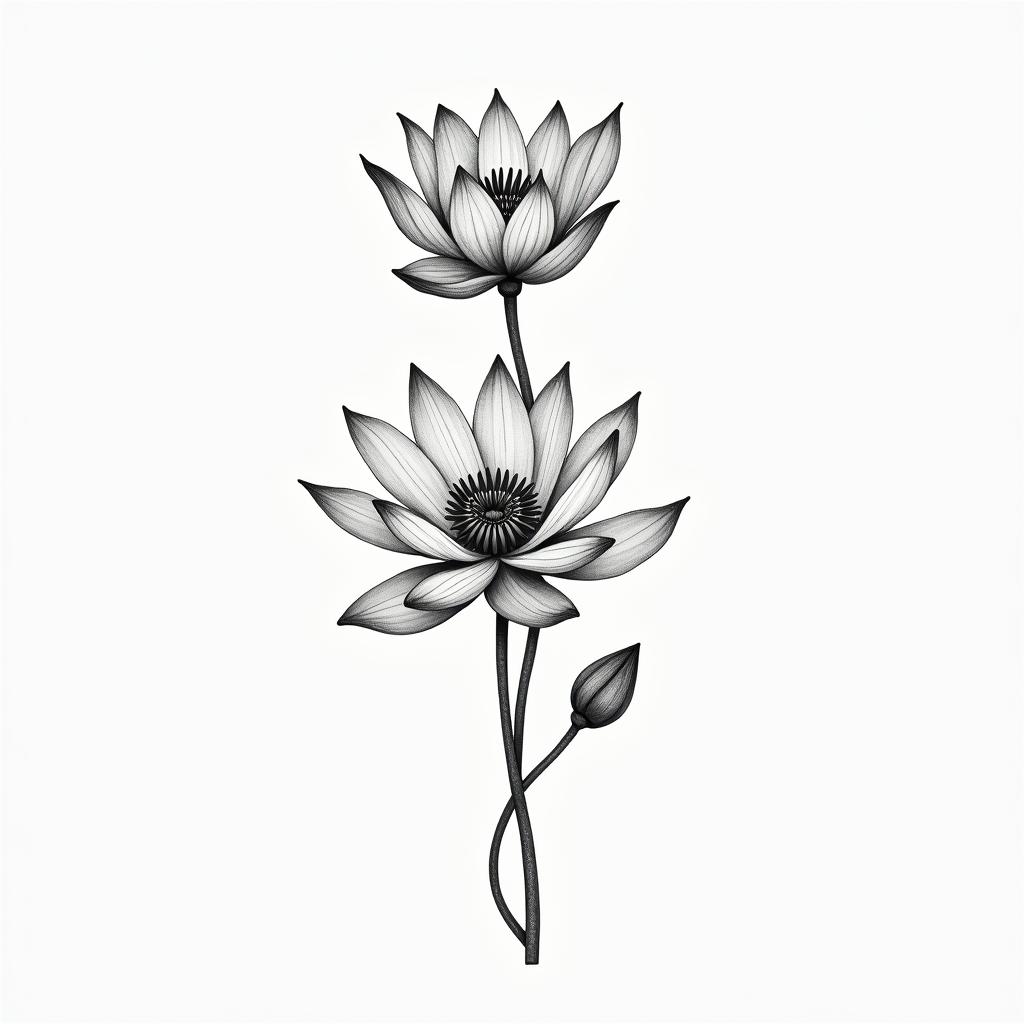 Water lilyin Modest style tattoo, featuring soft, delicate line work with simple and meaningful symbols, gentle waves, a heart, evoking a sense of serenity and grace,