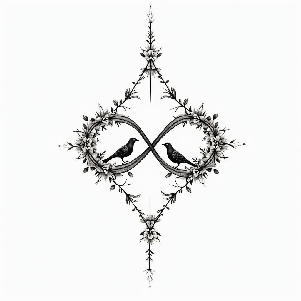 Infinity
with the names Haley, Gabby, Kal-El & Arthur. Add flowers, 2 birds and color.in minimalist style tattoo, featuring simple shapes and fine lines, with minimal shading and details, tiny triangles, creating a sense of balance and harmony - Variation 8
