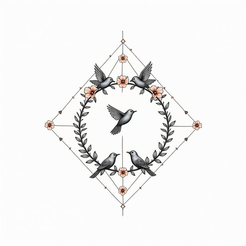 Infinity
with the names Haley, Gabby, Kal-El & Arthur. Add flowers, 2 birds and color.in minimalist style tattoo, featuring simple shapes and fine lines, with minimal shading and details, tiny triangles, creating a sense of balance and harmony - Variation 7