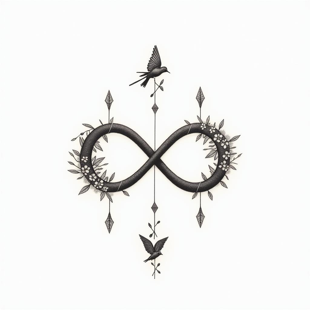Infinity
with the names Haley, Gabby, Kal-El & Arthur. Add flowers, 2 birds and color.in minimalist style tattoo, featuring simple shapes and fine lines, with minimal shading and details, tiny triangles, creating a sense of balance and harmony - Variation 5