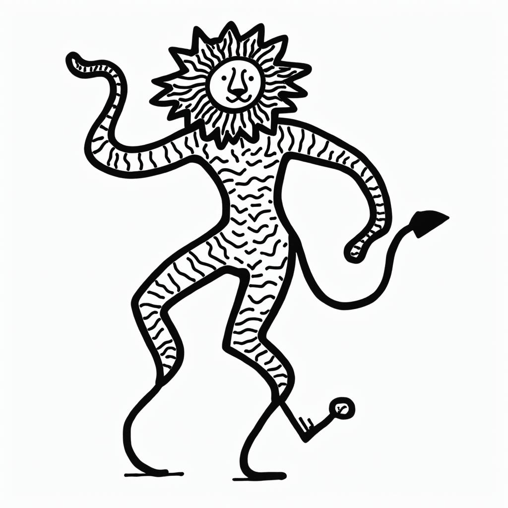 Lionabstract dancing figures in Keith Haring style, featuring bold black outlines and solid color fills, figures posed in dynamic and playful dance movements, minimalist design