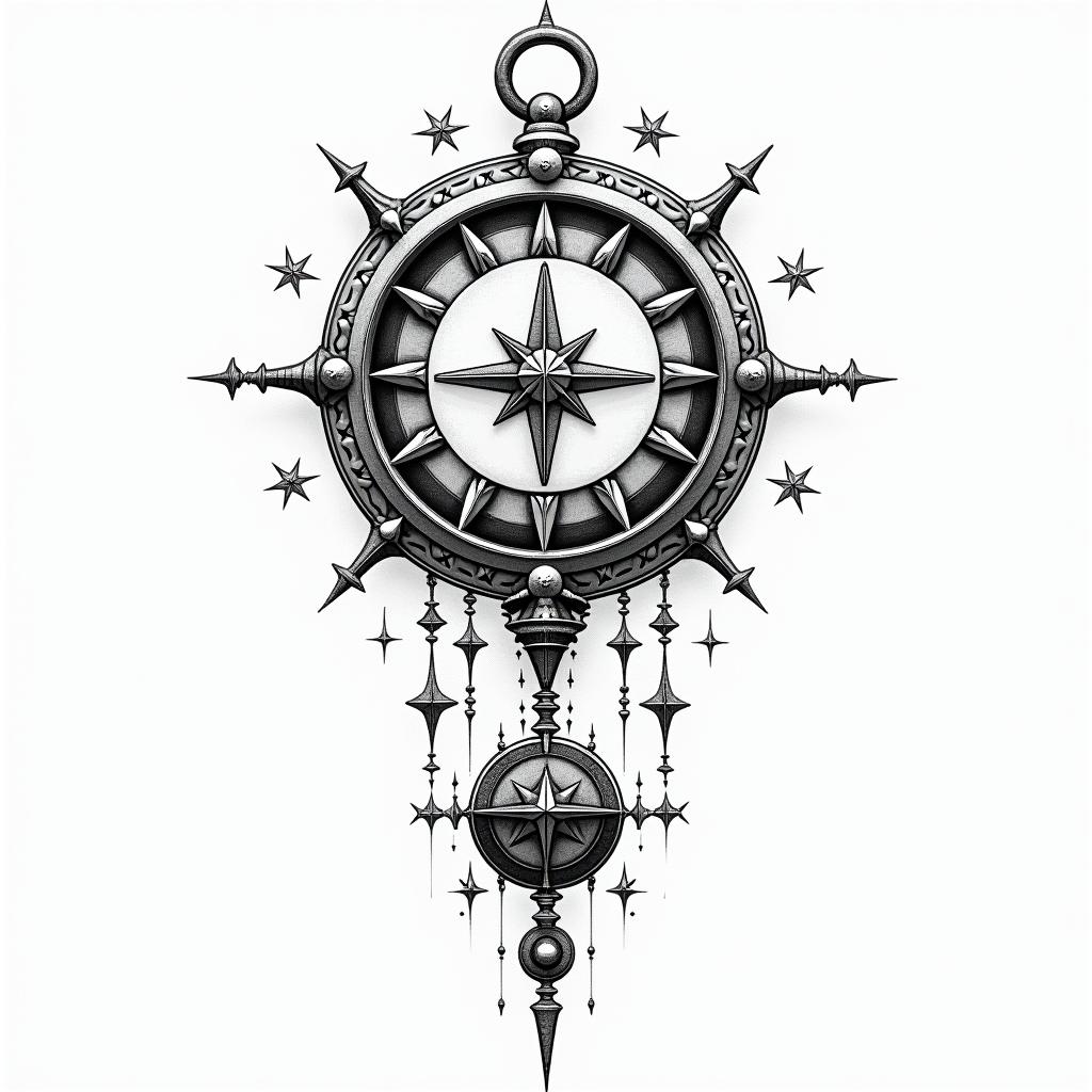 Back minimal about clock or timein prophecy tattoo style, featuring mystical symbols, celestial imagery like stars, moons, suns, geometric patterns, foretelling elements, an eye of wisdom - Variation 4