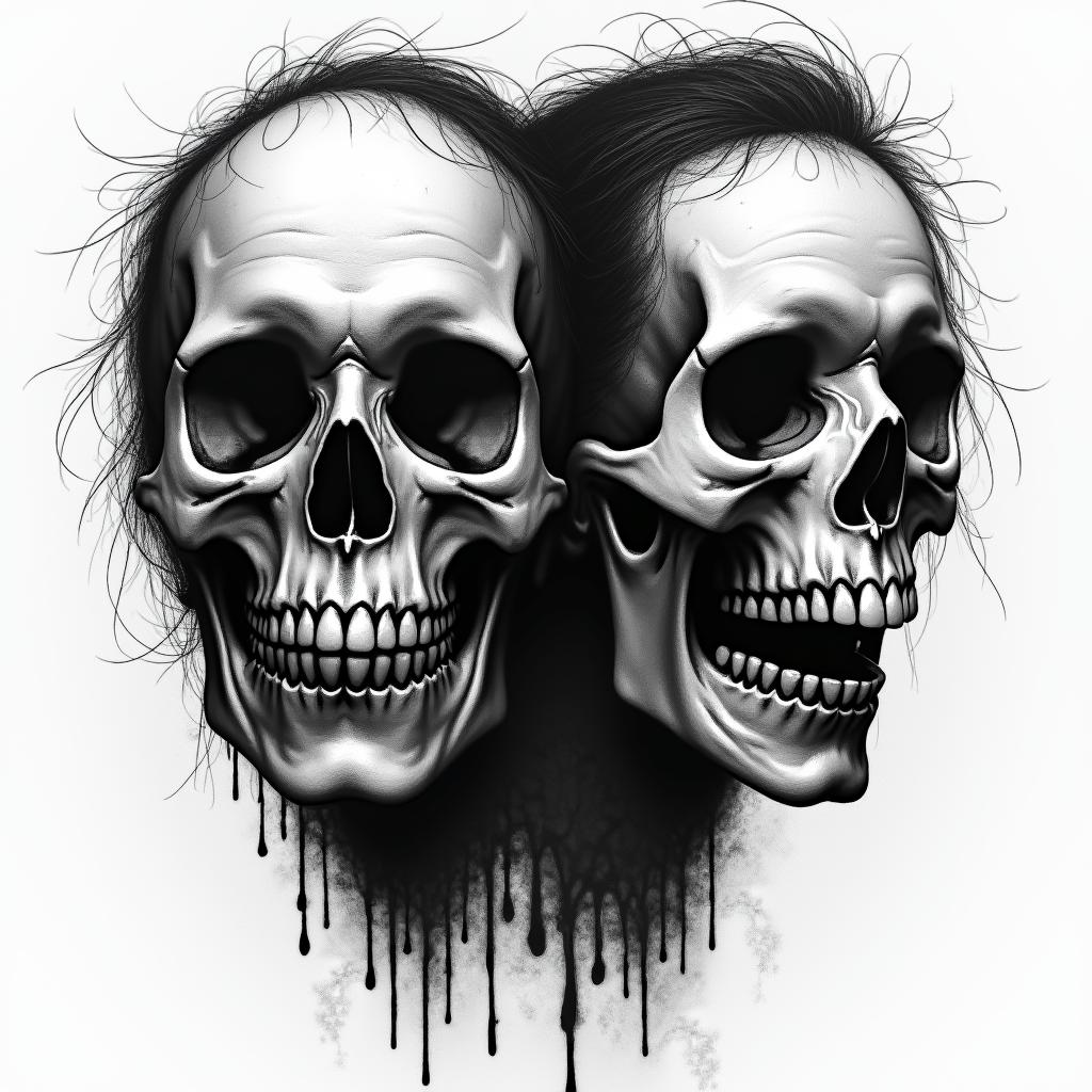 Siblings in horror tattoo style, showcasing haunting and unsettling, dark and gritty textures with skulls, eerie faces, jgged designs, bold and intense shading - Variation 3