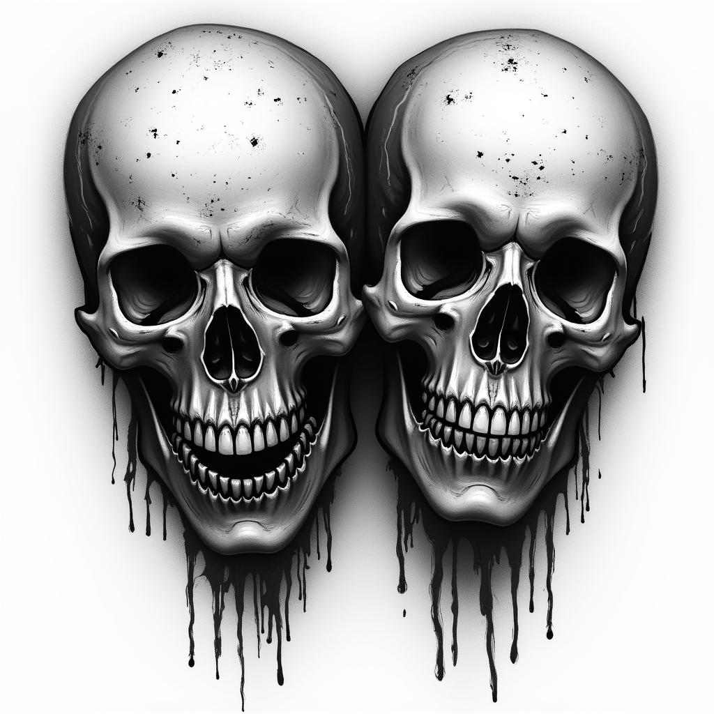 Siblings in horror tattoo style, showcasing haunting and unsettling, dark and gritty textures with skulls, eerie faces, jgged designs, bold and intense shading - Variation 4