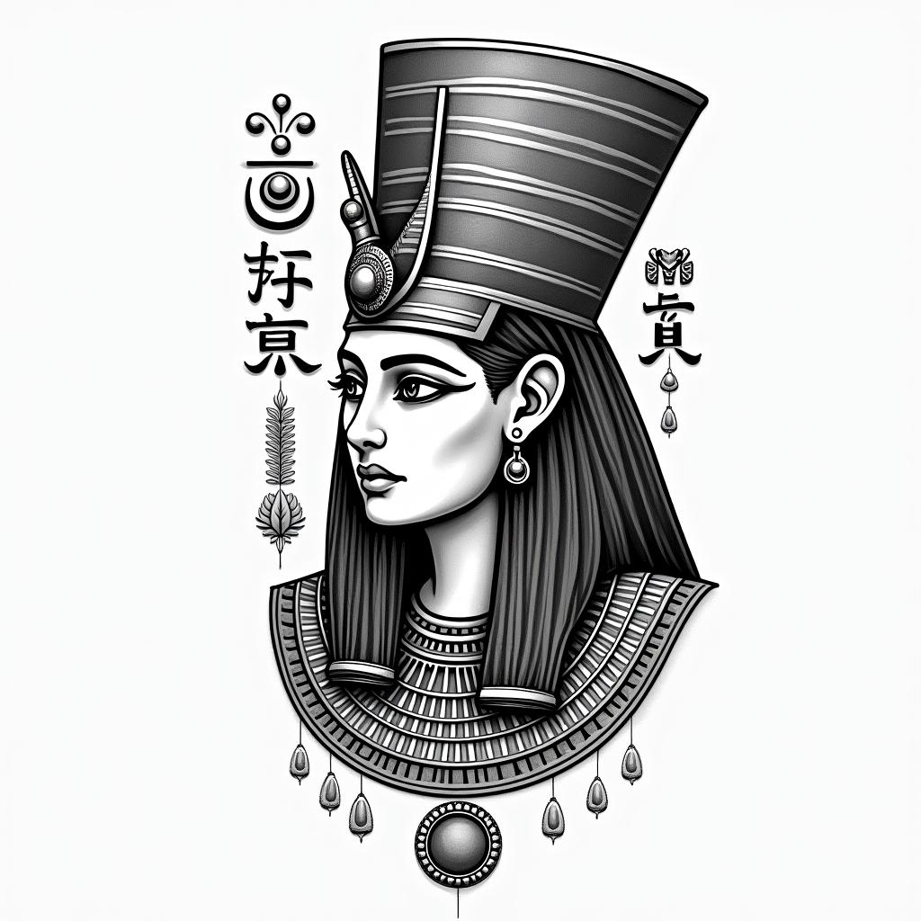 Angelica, Virgo, Austellin egyptian style tattoo, bold elements of ancient egyptian culture including a portrait of an Egyptian pharaoh with detailed facial features, in hieroglyphs and symbolic imagery, eye of horus, ankh symbol, scarab beetle