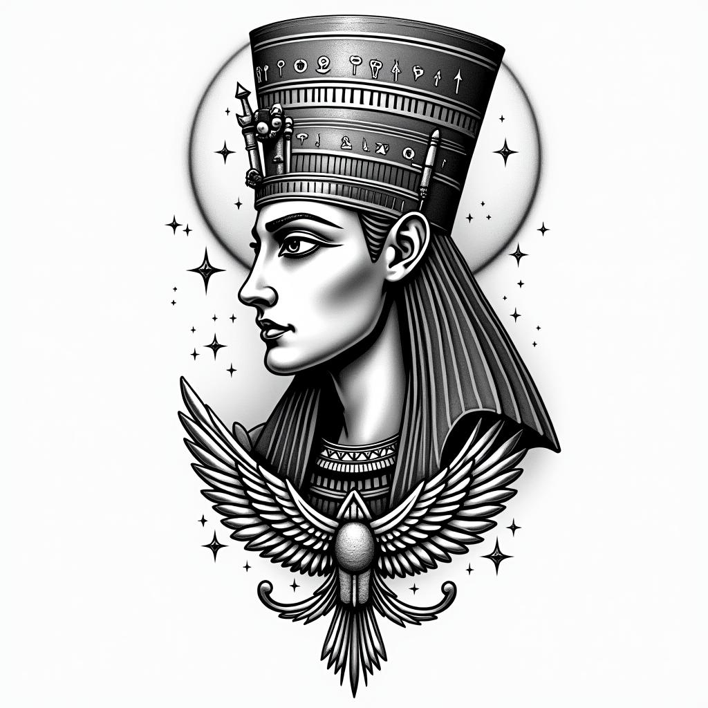 Angelica, Virgo, Austellin egyptian style tattoo, bold elements of ancient egyptian culture including a portrait of an Egyptian pharaoh with detailed facial features, in hieroglyphs and symbolic imagery, eye of horus, ankh symbol, scarab beetle - Variation 3