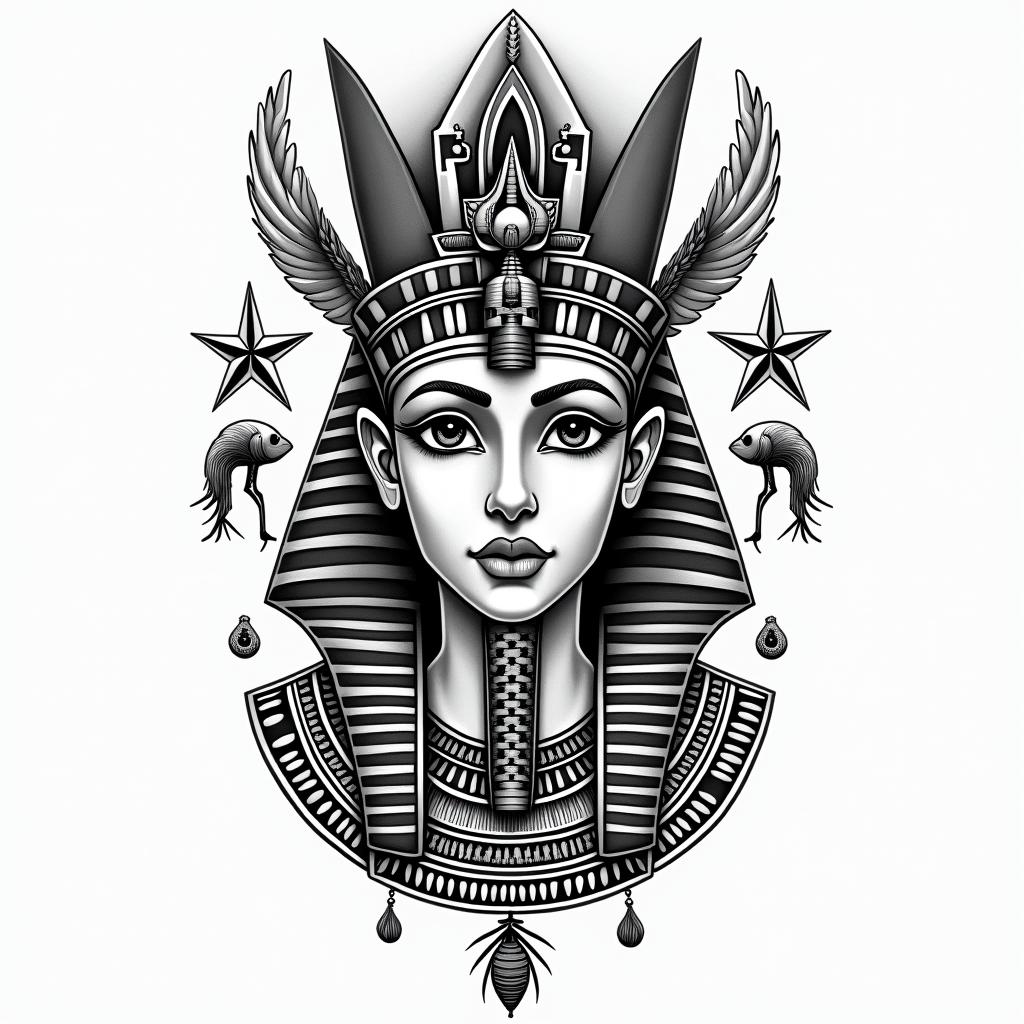 Angelica, Virgo, Austellin egyptian style tattoo, bold elements of ancient egyptian culture including a portrait of an Egyptian pharaoh with detailed facial features, in hieroglyphs and symbolic imagery, eye of horus, ankh symbol, scarab beetle - Variation 2
