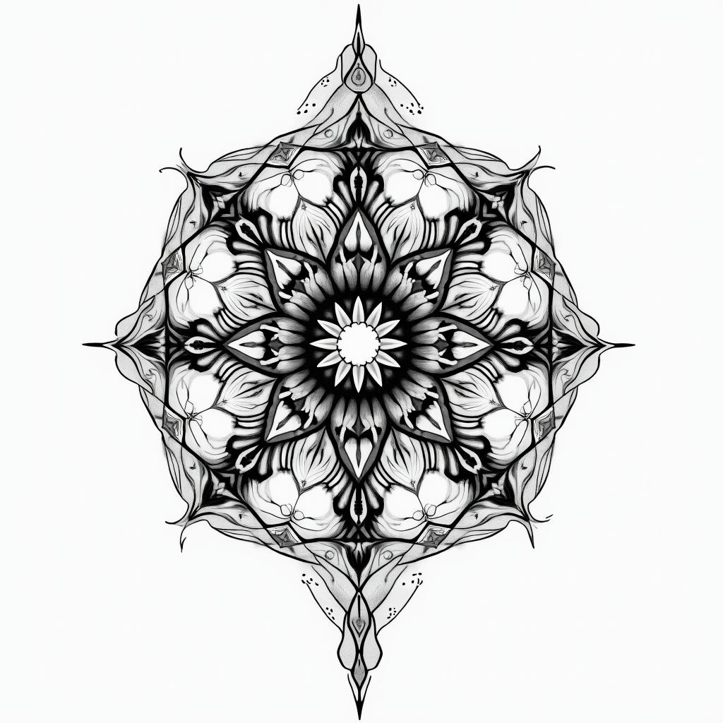Joseline libra universos balance in geometric style tattoo, blending hexagons, mandala-inspired patterns, symmetrical and fractal design, clean lines, sharp angles - Variation 4
