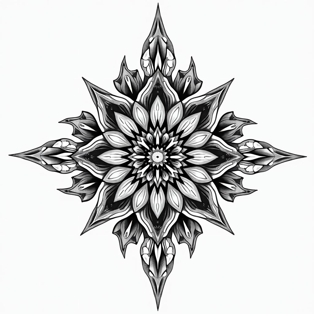 Joseline libra universos balance in geometric style tattoo, blending hexagons, mandala-inspired patterns, symmetrical and fractal design, clean lines, sharp angles - Variation 3