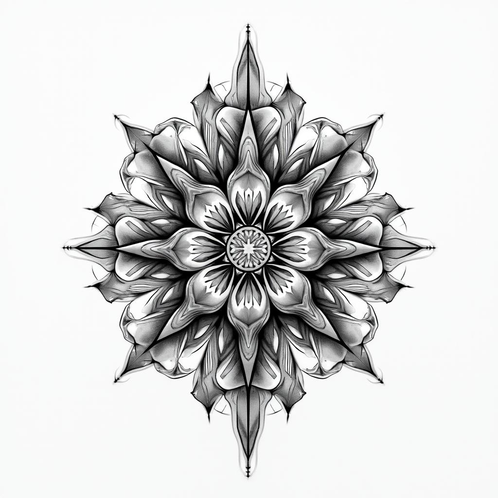 Joseline libra universos balance in geometric style tattoo, blending hexagons, mandala-inspired patterns, symmetrical and fractal design, clean lines, sharp angles