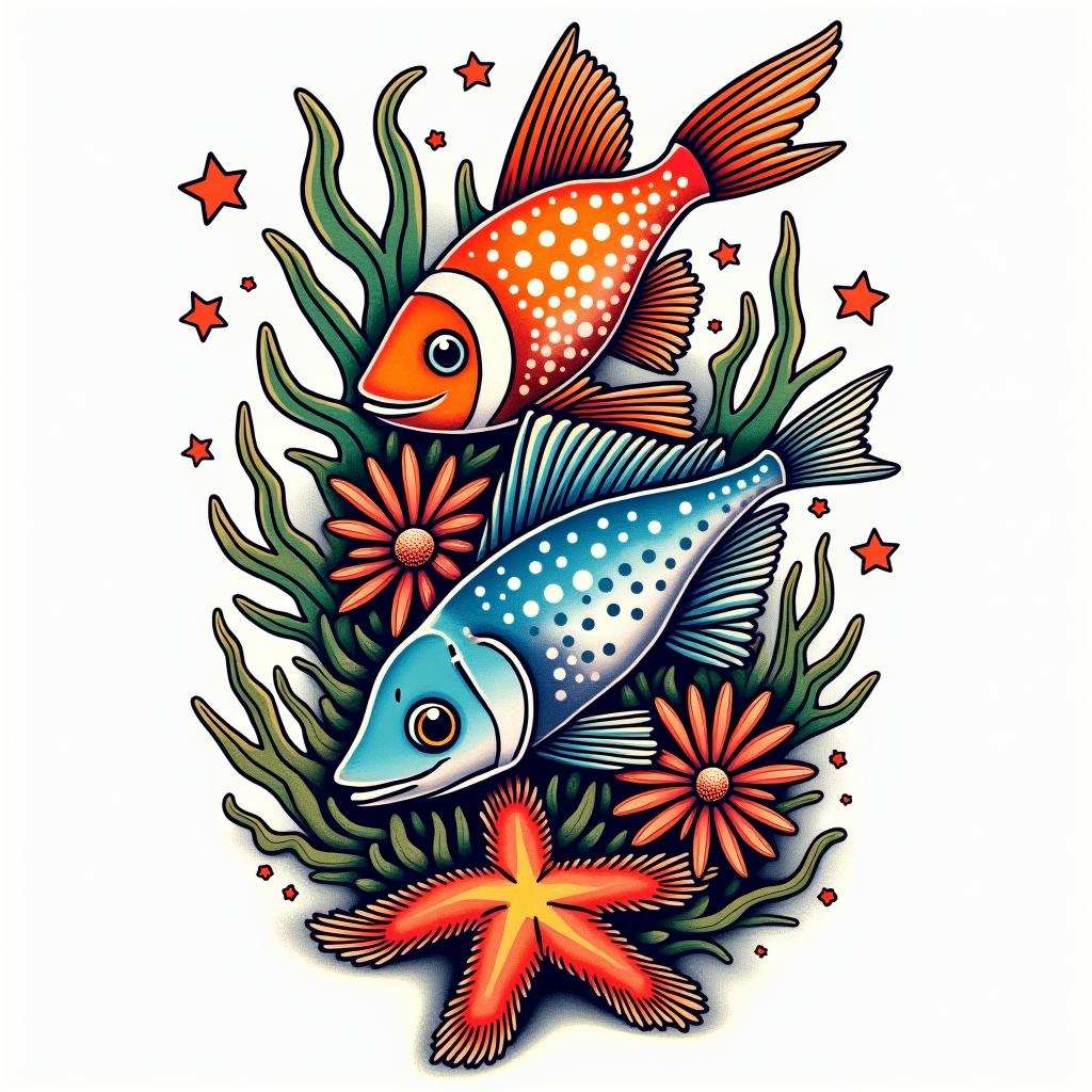 Clownfish, starfish, and reefsin pop art style tattoo, featuring bold and vibrant colors, exaggerated outlines, iconic imagery, inspired by comic books and speech bubbles, comic book characters, retro pop culture - Variation 4