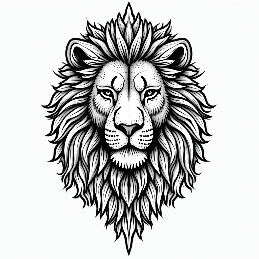 Lionin dotwork style tattoo, complex mandala patterns, interlocking geometric shapes with sharp symmetry, clean lines, sharp angles