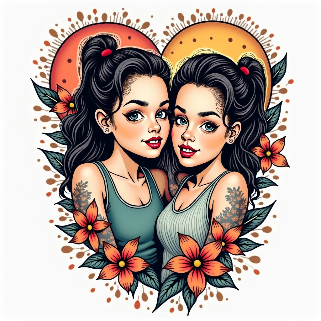 Siblingsin pop art style tattoo, featuring bold and vibrant colors, exaggerated outlines, iconic imagery, inspired by comic books and speech bubbles, comic book characters, retro pop culture - Variation 4