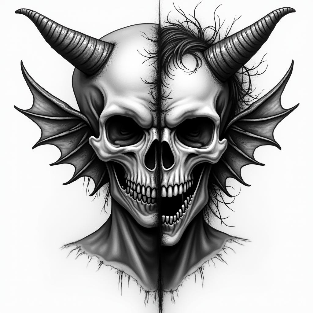 Someone half demon and angel in horror tattoo style, showcasing haunting and unsettling, dark and gritty textures with skulls, eerie faces, jgged designs, bold and intense shading - Variation 2