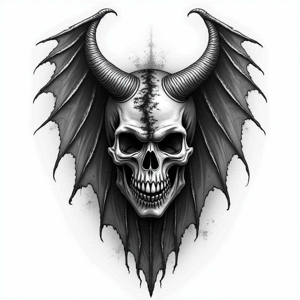 Someone half demon and angel in horror tattoo style, showcasing haunting and unsettling, dark and gritty textures with skulls, eerie faces, jgged designs, bold and intense shading - Variation 3