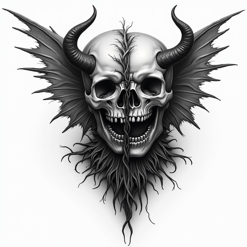 Someone half demon and angel in horror tattoo style, showcasing haunting and unsettling, dark and gritty textures with skulls, eerie faces, jgged designs, bold and intense shading