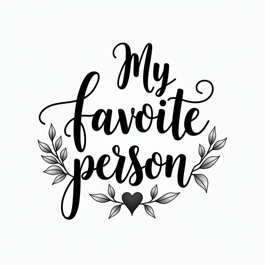 “My favorite person”in elegant cursive calligraphy style 2d tattoo, decorate with roses, featuring a smooth and flowing handwritten script with slightly thickened strokes for a luxurious and bold appearance,  heart symbol between names,  sleek and glossy black text with shadowing, minimalist matte white background, clean and sharp edges, illuminated with soft lighting, romantic, 8k, high-quality textures with refined typography - Variation 26