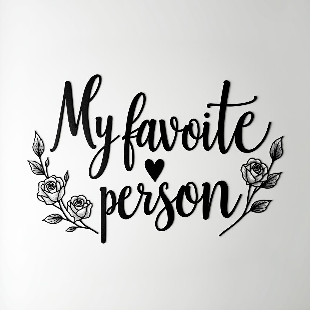 “My favorite person”in elegant cursive calligraphy style 2d tattoo, decorate with roses, featuring a smooth and flowing handwritten script with slightly thickened strokes for a luxurious and bold appearance,  heart symbol between names,  sleek and glossy black text with shadowing, minimalist matte white background, clean and sharp edges, illuminated with soft lighting, romantic, 8k, high-quality textures with refined typography - Variation 25