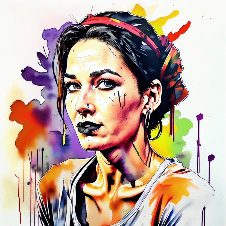  vibrant watercolor portrait with graffiti style face, fully white background, ,face with soft blending of warm and cool tones (orange, yellow, green),using shades of colors, contrast between light and shadow on the face, Bold color splashes and abstract drips in the background for a dynamic, artistic vibe, highly detailed tattoo, fully white background , dskinkpunkundefined - Variation 33