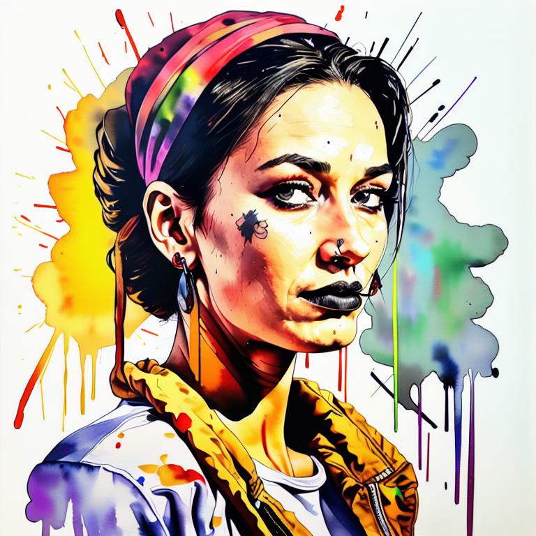  vibrant watercolor portrait with graffiti style face, fully white background, ,face with soft blending of warm and cool tones (orange, yellow, green),using shades of colors, contrast between light and shadow on the face, Bold color splashes and abstract drips in the background for a dynamic, artistic vibe, highly detailed tattoo, fully white background , dskinkpunkundefined - Variation 35