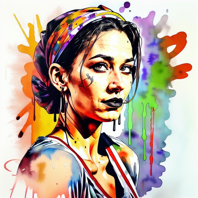  vibrant watercolor portrait with graffiti style face, fully white background, ,face with soft blending of warm and cool tones (orange, yellow, green),using shades of colors, contrast between light and shadow on the face, Bold color splashes and abstract drips in the background for a dynamic, artistic vibe, highly detailed tattoo, fully white background , dskinkpunkundefined - Variation 36