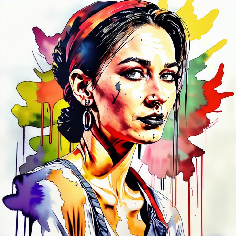  vibrant watercolor portrait with graffiti style face, fully white background, ,face with soft blending of warm and cool tones (orange, yellow, green),using shades of colors, contrast between light and shadow on the face, Bold color splashes and abstract drips in the background for a dynamic, artistic vibe, highly detailed tattoo, fully white background , dskinkpunkundefined - Variation 34
