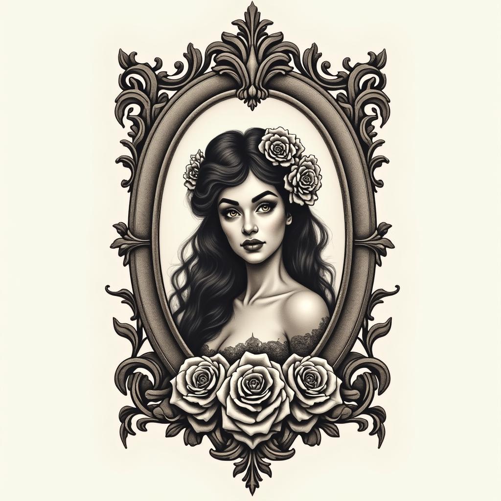 Yair,Aries, Mexicanoin victorian style tattoo, featuring vintage and elegant elements, ornate frames, roses, antique, sepia-toned color scheme - Variation 3
