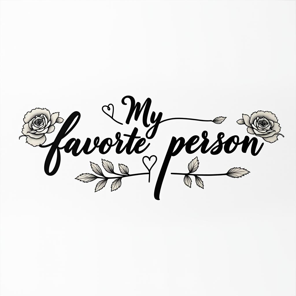 “My favorite person”in elegant cursive calligraphy style 2d tattoo, decorate with roses, featuring a smooth and flowing handwritten script with slightly thickened strokes for a luxurious and bold appearance,  heart symbol between names,  sleek and glossy black text with shadowing, minimalist matte white background, clean and sharp edges, illuminated with soft lighting, romantic, 8k, high-quality textures with refined typography - Variation 24
