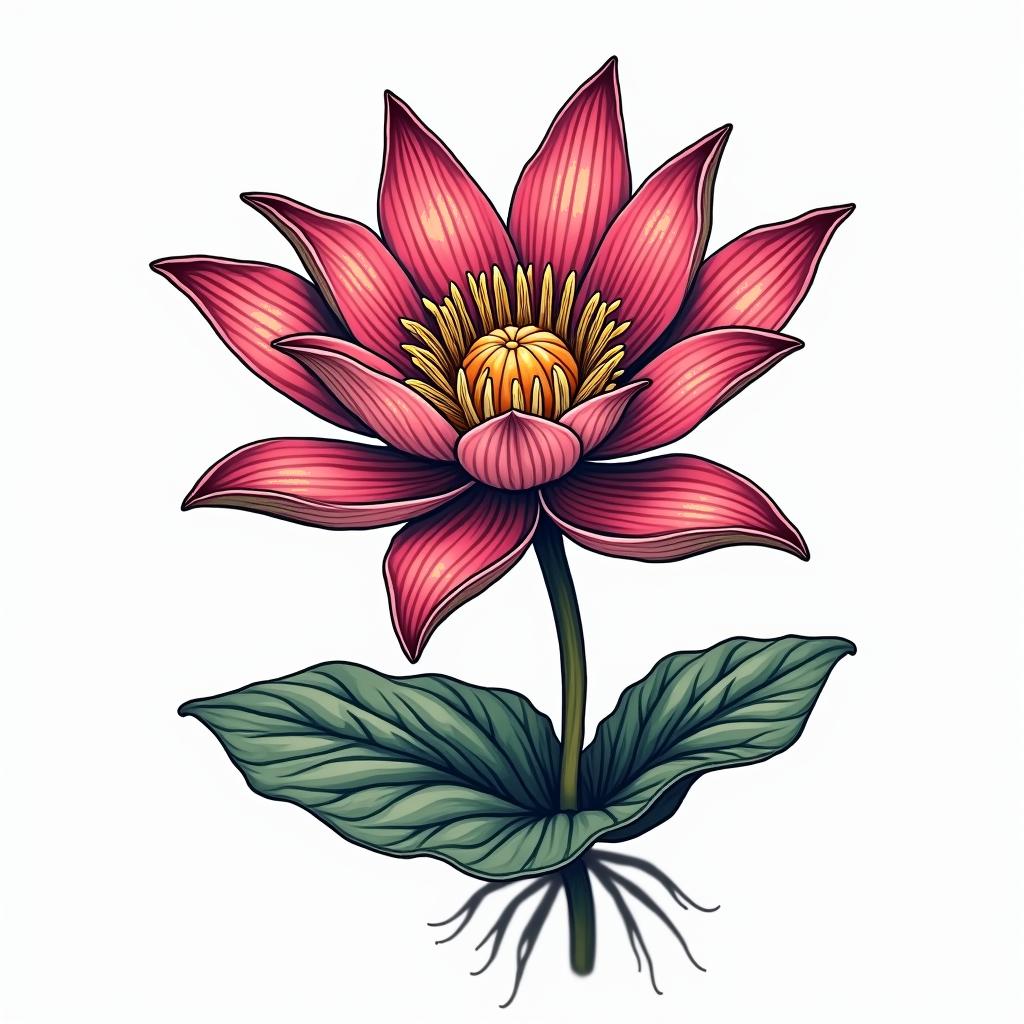 Water lilyin pop art style tattoo, featuring bold and vibrant colors, exaggerated outlines, iconic imagery, inspired by comic books and speech bubbles, comic book characters, retro pop culture