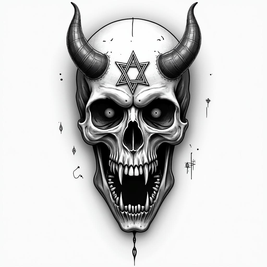 Angelica, Virgo, Austellcreepy horror tattoo style, featuring an eerie and unsettling skull of a demonic creature, distorted face with sharp fangs, add pentagram symbol - Variation 4