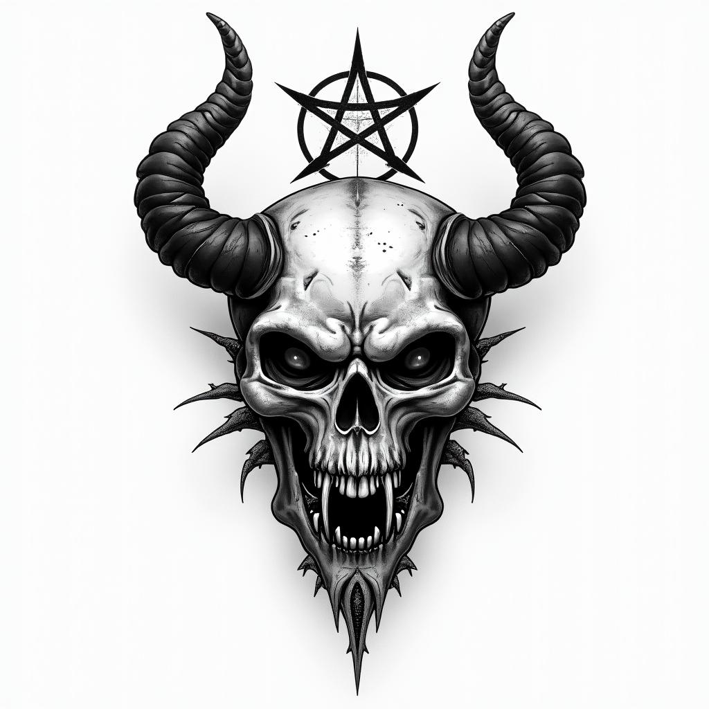 Angelica, Virgo, Austellcreepy horror tattoo style, featuring an eerie and unsettling skull of a demonic creature, distorted face with sharp fangs, add pentagram symbol