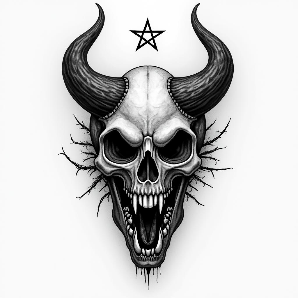Angelica, Virgo, Austellcreepy horror tattoo style, featuring an eerie and unsettling skull of a demonic creature, distorted face with sharp fangs, add pentagram symbol - Variation 3