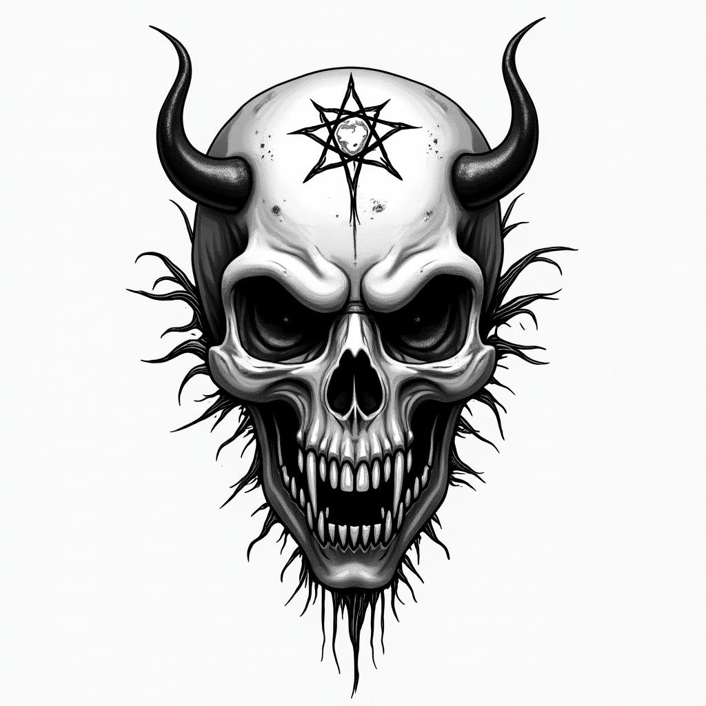 Angelica, Virgo, Austellcreepy horror tattoo style, featuring an eerie and unsettling skull of a demonic creature, distorted face with sharp fangs, add pentagram symbol - Variation 2