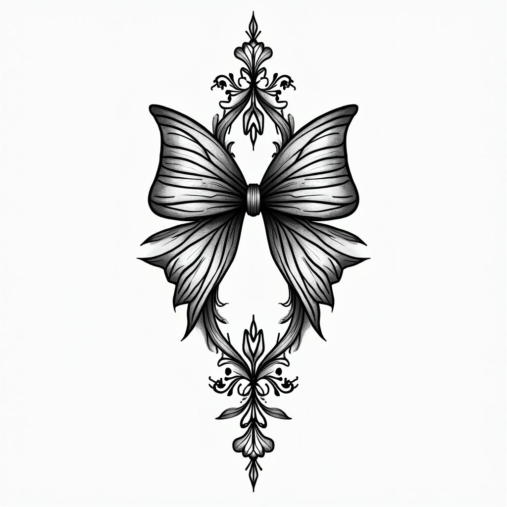 I want a thin pretty bow that goes around my anklein ornamental tattoo style, featuring intricate symmetrical patterns and floral designs, showcasing highly detailed line work and geometric shapes, creating a sense of elegance and balance - Variation 4
