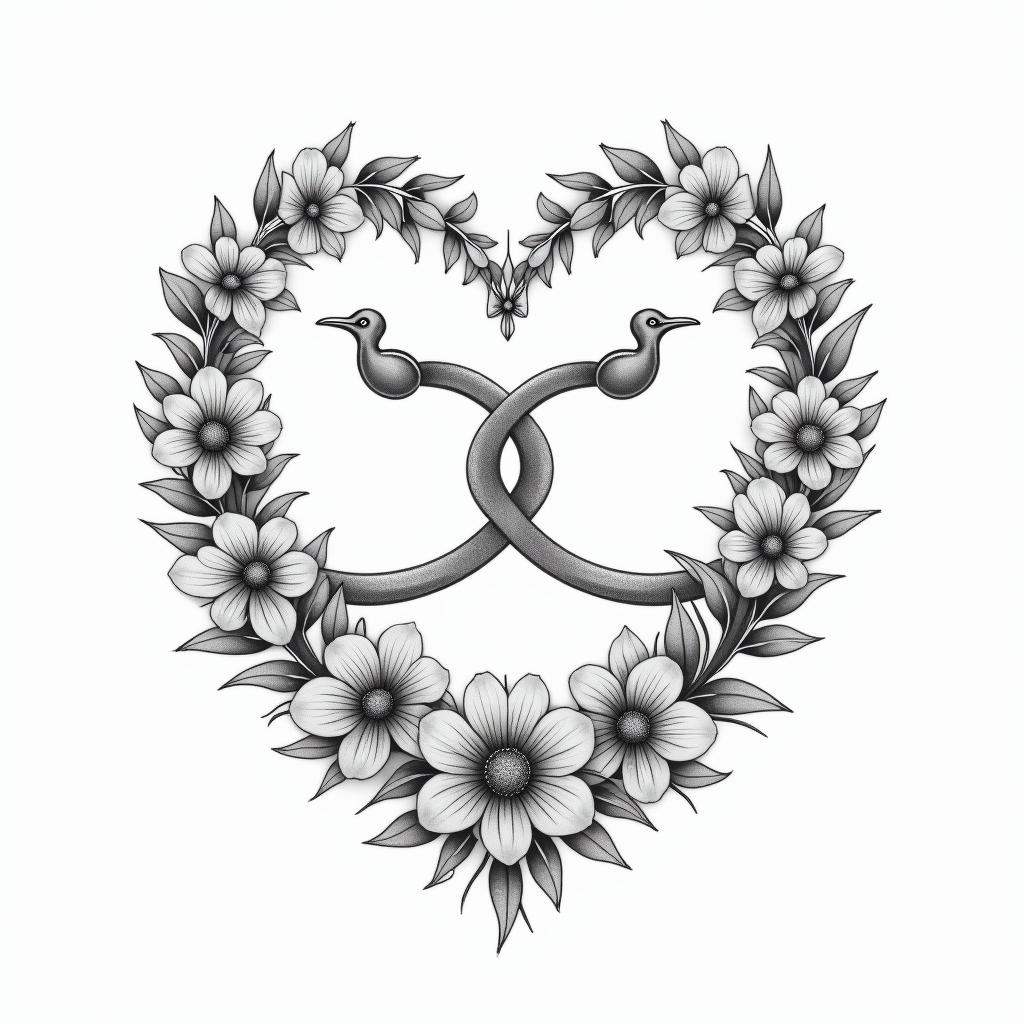 Infinity 
with the names Haley, Gabby, Kal-El & Arthur. Add flowers, 2 birds and color.in Modest style tattoo, featuring soft, delicate line work with simple and meaningful symbols, gentle waves, a heart, evoking a sense of serenity and grace, - Variation 3