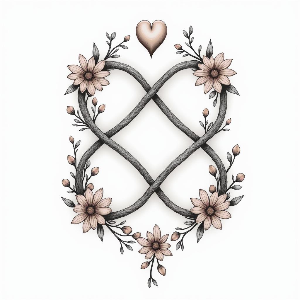 Infinity 
with the names Haley, Gabby, Kal-El & Arthur. Add flowers, 2 birds and color.in Modest style tattoo, featuring soft, delicate line work with simple and meaningful symbols, gentle waves, a heart, evoking a sense of serenity and grace, - Variation 2