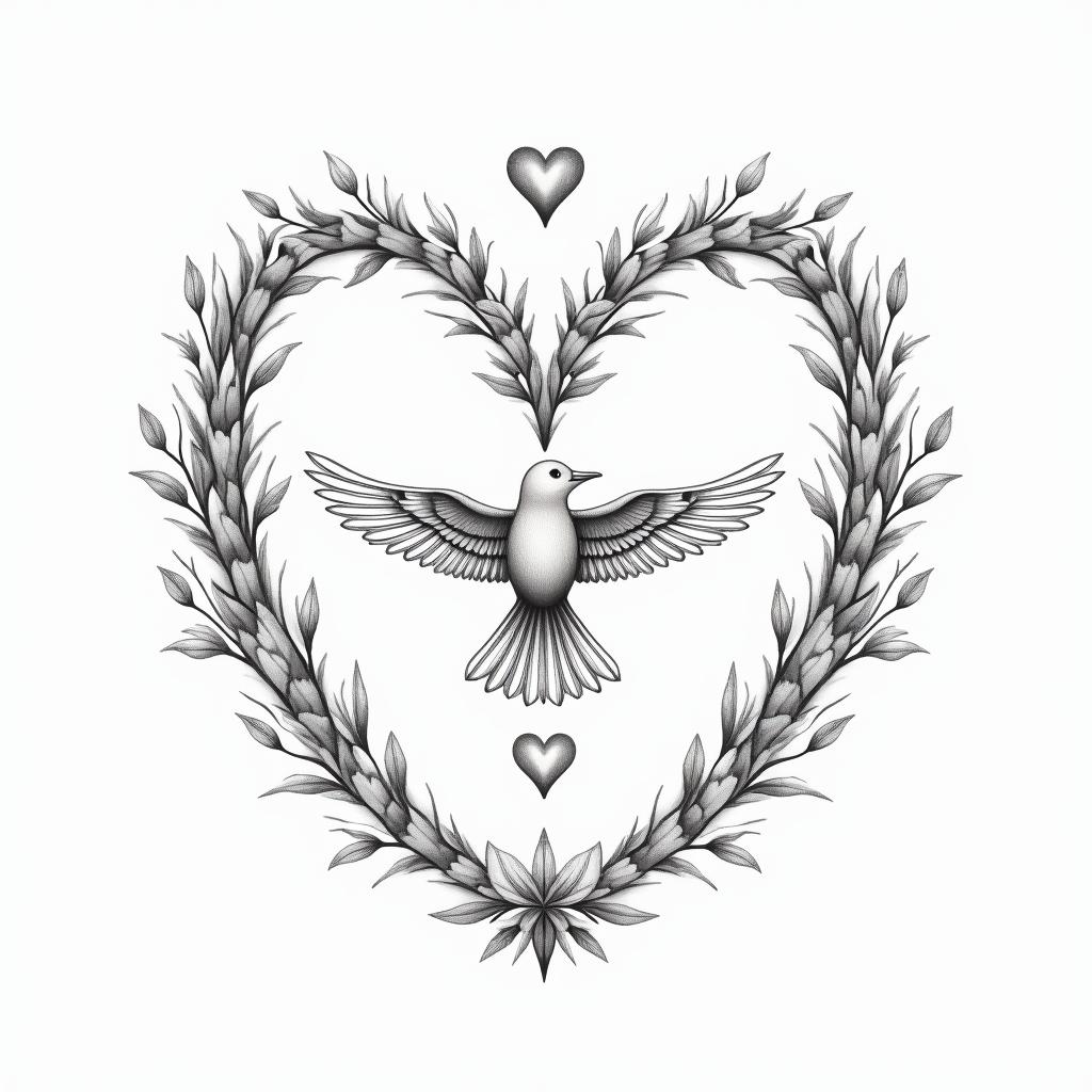 Infinity 
with the names Haley, Gabby, Kal-El & Arthur. Add flowers, 2 birds and color.in Modest style tattoo, featuring soft, delicate line work with simple and meaningful symbols, gentle waves, a heart, evoking a sense of serenity and grace, - Variation 4