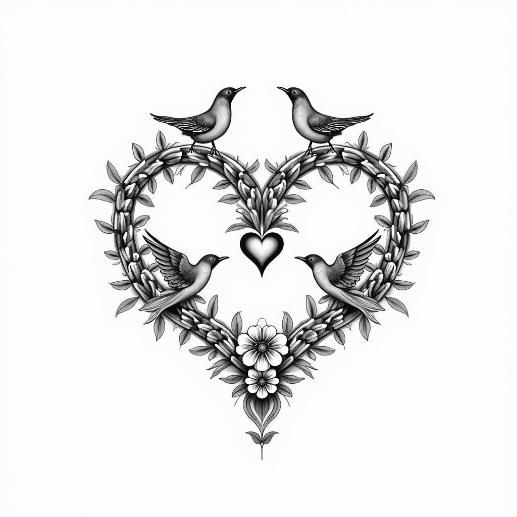 Infinity 
with the names Haley, Gabby, Kal-El & Arthur. Add flowers, 2 birds and color.in Modest style tattoo, featuring soft, delicate line work with simple and meaningful symbols, gentle waves, a heart, evoking a sense of serenity and grace,