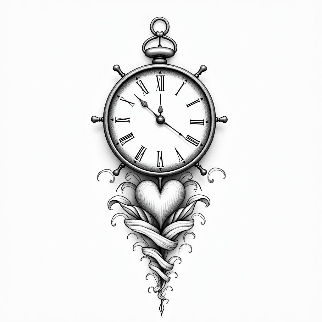 Clockin Modest style tattoo, featuring soft, delicate line work with simple and meaningful symbols, gentle waves, a heart, evoking a sense of serenity and grace, - Variation 2