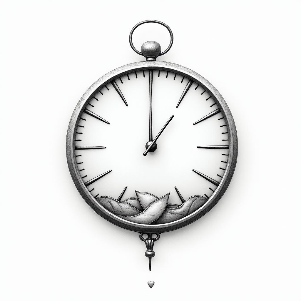 Clockin Modest style tattoo, featuring soft, delicate line work with simple and meaningful symbols, gentle waves, a heart, evoking a sense of serenity and grace, - Variation 3