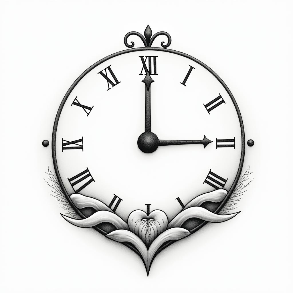 Clockin Modest style tattoo, featuring soft, delicate line work with simple and meaningful symbols, gentle waves, a heart, evoking a sense of serenity and grace, - Variation 4