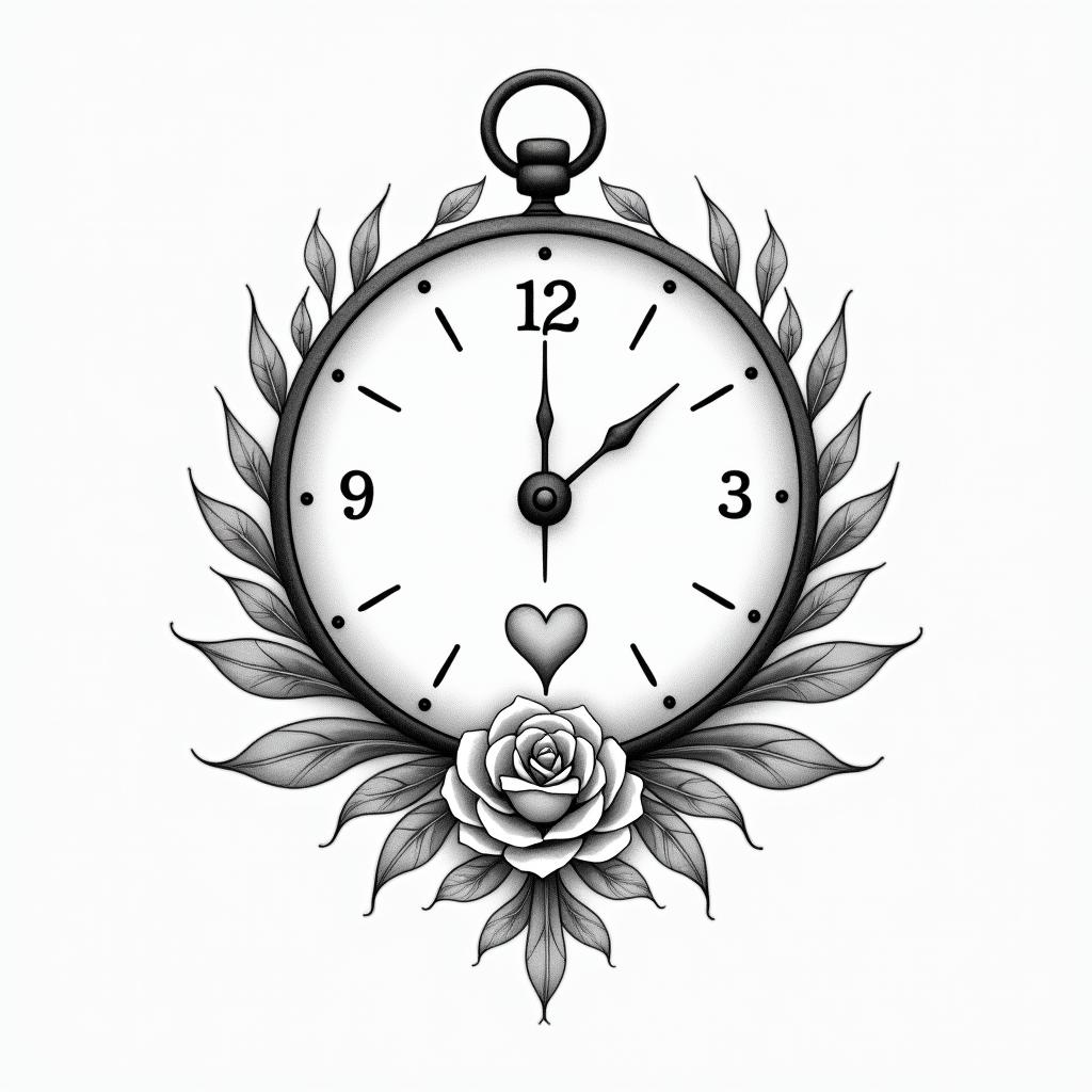 Clockin Modest style tattoo, featuring soft, delicate line work with simple and meaningful symbols, gentle waves, a heart, evoking a sense of serenity and grace,