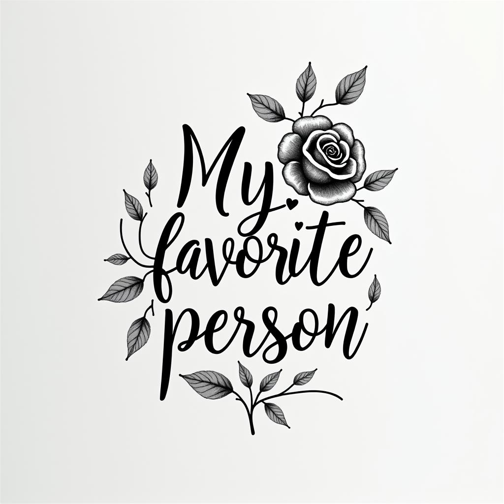 “My favorite person”in elegant cursive calligraphy style 2d tattoo, decorate with roses, featuring a smooth and flowing handwritten script with slightly thickened strokes for a luxurious and bold appearance,  heart symbol between names,  sleek and glossy black text with shadowing, minimalist matte white background, clean and sharp edges, illuminated with soft lighting, romantic, 8k, high-quality textures with refined typography - Variation 18