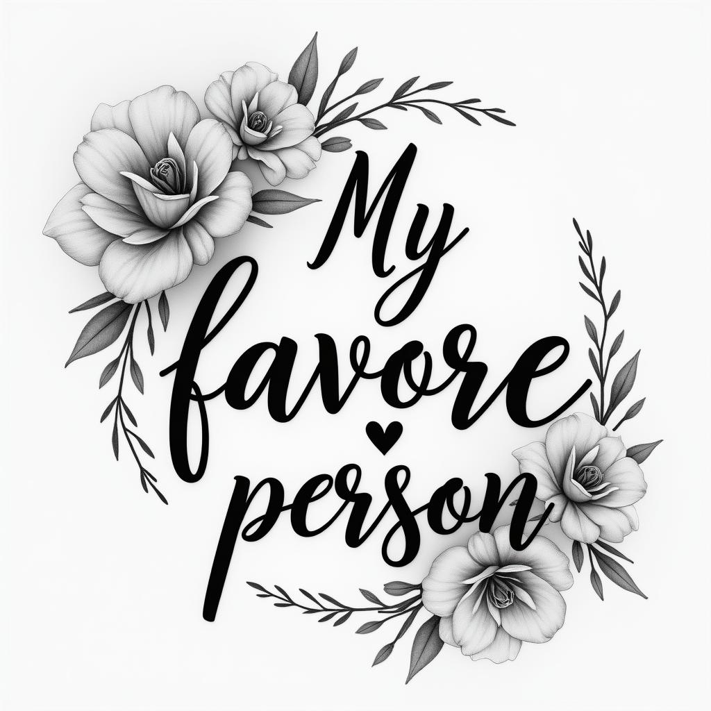 “My favorite person”in elegant cursive calligraphy style 2d tattoo, decorate with roses, featuring a smooth and flowing handwritten script with slightly thickened strokes for a luxurious and bold appearance,  heart symbol between names,  sleek and glossy black text with shadowing, minimalist matte white background, clean and sharp edges, illuminated with soft lighting, romantic, 8k, high-quality textures with refined typography - Variation 19