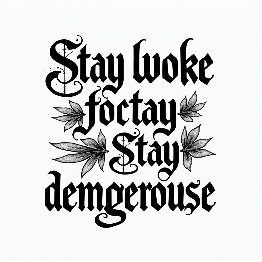 Stay woke stay focused stay dangerous Stay uptext-based tattoo, gothic font ultra-realistic, perfectly placed, high-quality font design, photo-realistic shading, 8k, high quality, finely detailed typography - Variation 4
