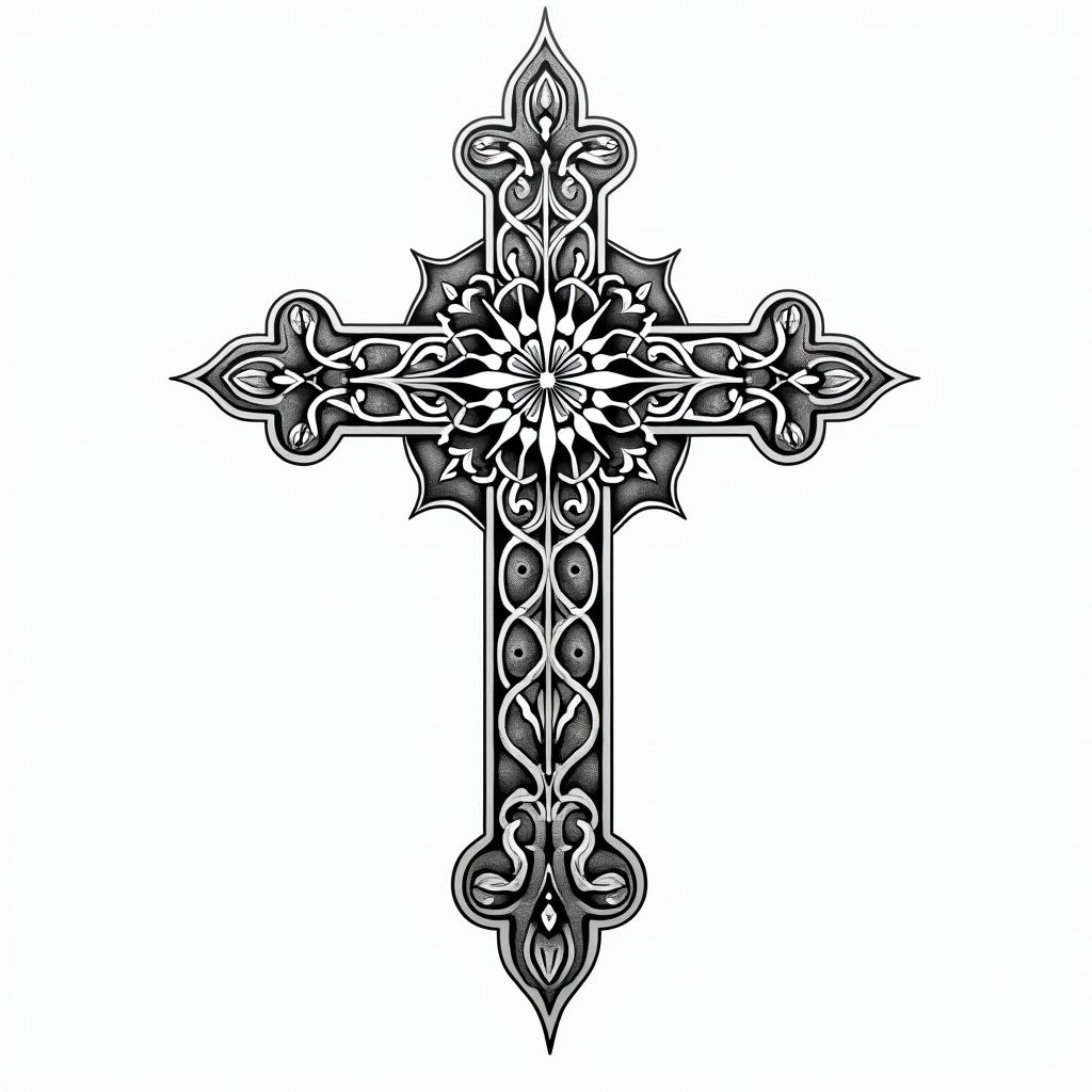 Crossin dotwork style tattoo, complex mandala patterns, interlocking geometric shapes with sharp symmetry, clean lines, sharp angles