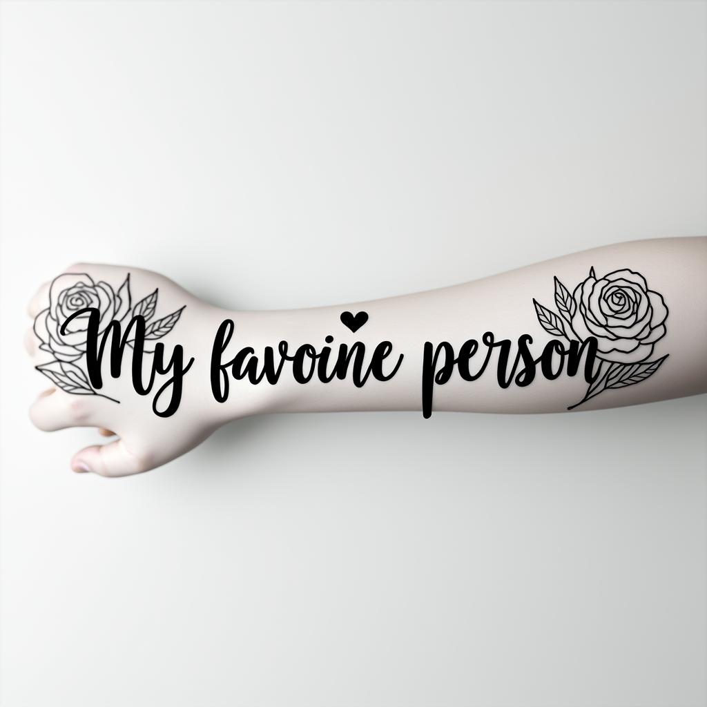 “My favorite person”in elegant cursive calligraphy style 2d tattoo, decorate with roses, featuring a smooth and flowing handwritten script with slightly thickened strokes for a luxurious and bold appearance,  heart symbol between names,  sleek and glossy black text with shadowing, minimalist matte white background, clean and sharp edges, illuminated with soft lighting, romantic, 8k, high-quality textures with refined typography - Variation 13