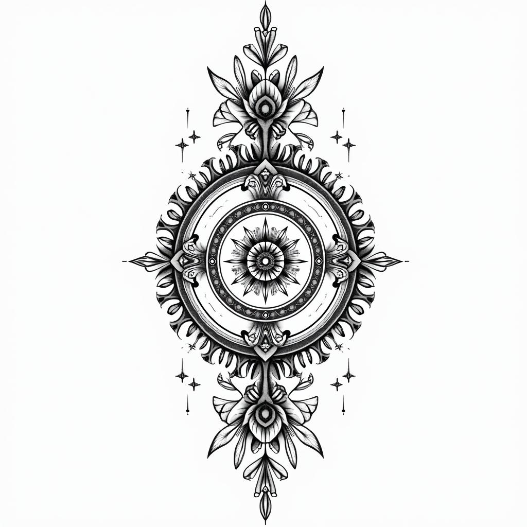 Libra, universe, balance, lovein ornamental tattoo style, featuring intricate symmetrical patterns and floral designs, showcasing highly detailed line work and geometric shapes, creating a sense of elegance and balance - Variation 3