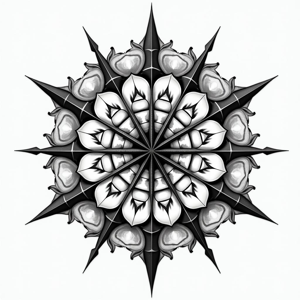 Broken clock in geometric style tattoo, blending hexagons, mandala-inspired patterns, symmetrical and fractal design, clean lines, sharp angles - Variation 3